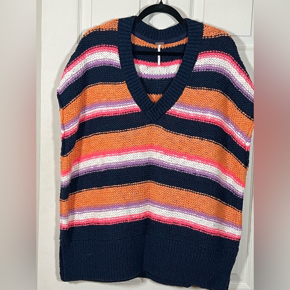 Free People Striped Chunky Knit Sweater Vest Oversized Boho Coastal